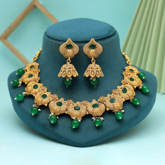 Green Color Matte Gold Rajwadi Temple Necklace Set (TPLN655GRN) - Preyans.com