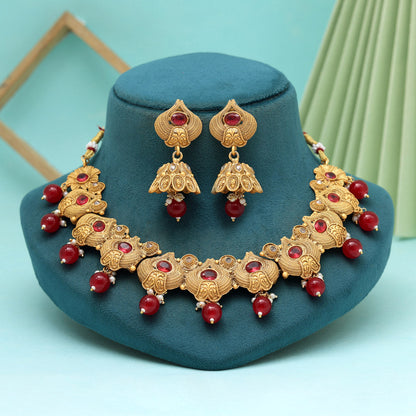 Maroon Color Matte Gold Rajwadi Temple Necklace Set (TPLN655MRN) - Preyans.com