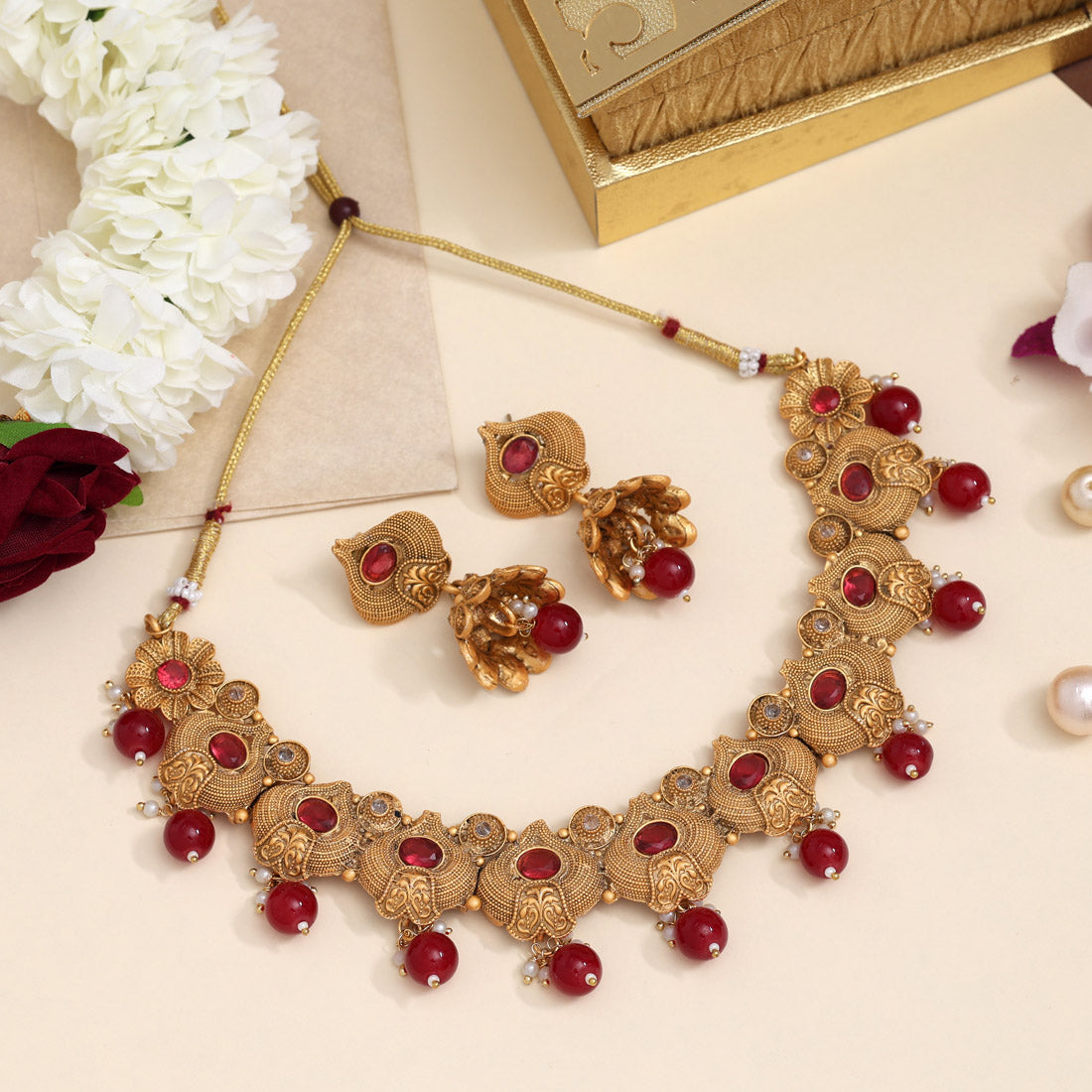 Maroon Color Matte Gold Rajwadi Temple Necklace Set (TPLN655MRN) - Preyans.com