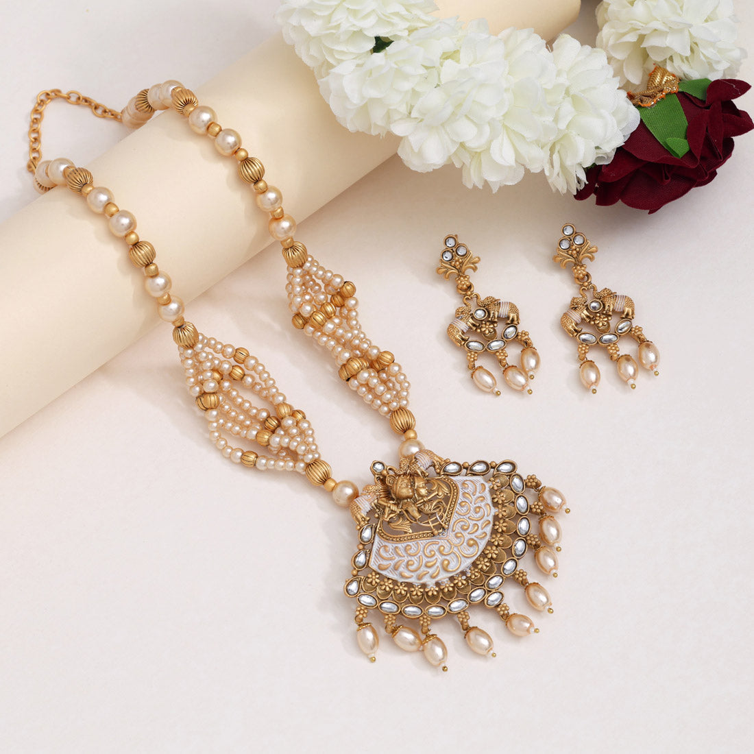 Gold Color Matte Gold Rajwadi Temple Necklace Set (TPLN656GLD) - Preyans.com