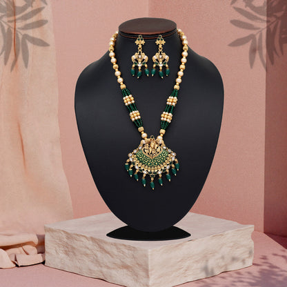 Green Color Matte Gold Rajwadi Temple Necklace Set (TPLN656GRN) - Preyans.com