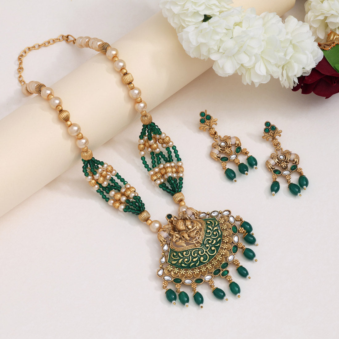 Green Color Matte Gold Rajwadi Temple Necklace Set (TPLN656GRN) - Preyans.com