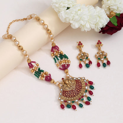 Rani & Green Color Matte Gold Rajwadi Temple Necklace Set (TPLN656RNIGRN) - Preyans.com