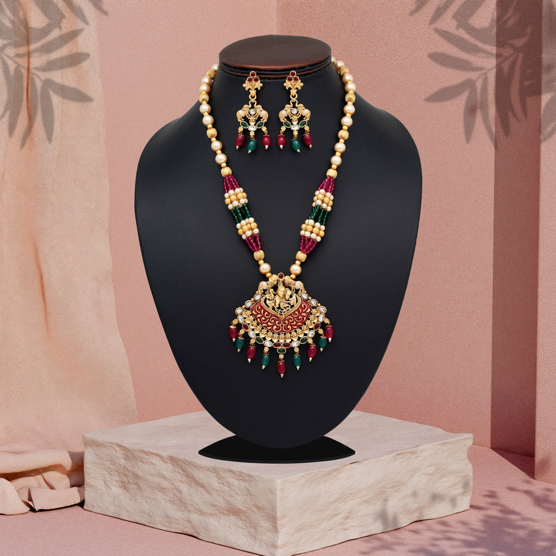 Rani & Green Color Matte Gold Rajwadi Temple Necklace Set (TPLN656RNIGRN) - Preyans.com