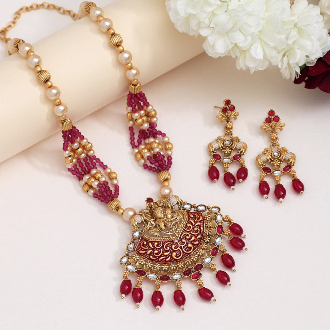 Rani Color Matte Gold Rajwadi Temple Necklace Set (TPLN656RNI) - Preyans.com