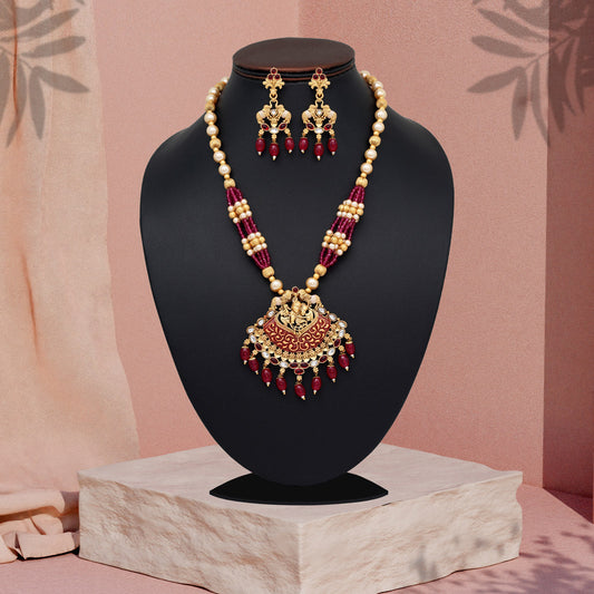 Rani Color Matte Gold Rajwadi Temple Necklace Set (TPLN656RNI) - Preyans.com