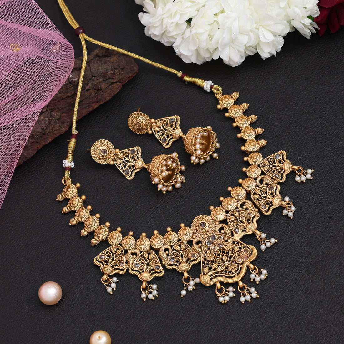 Gold Color Matte Gold Rajwadi Temple Necklace Set (TPLN660GLD) - Preyans.com