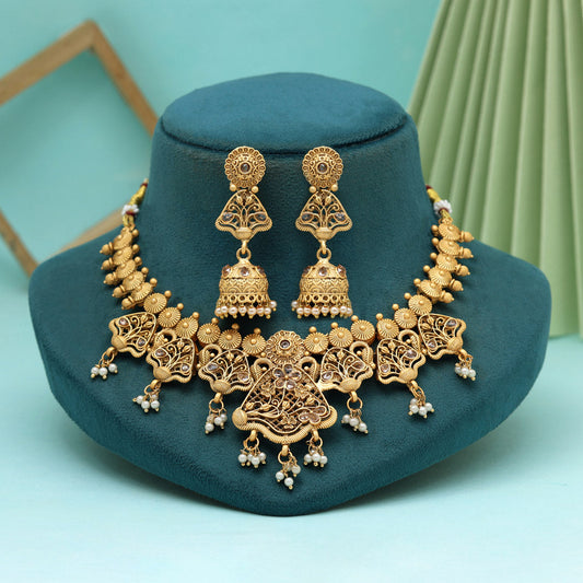 Gold Color Matte Gold Rajwadi Temple Necklace Set (TPLN660GLD) - Preyans.com