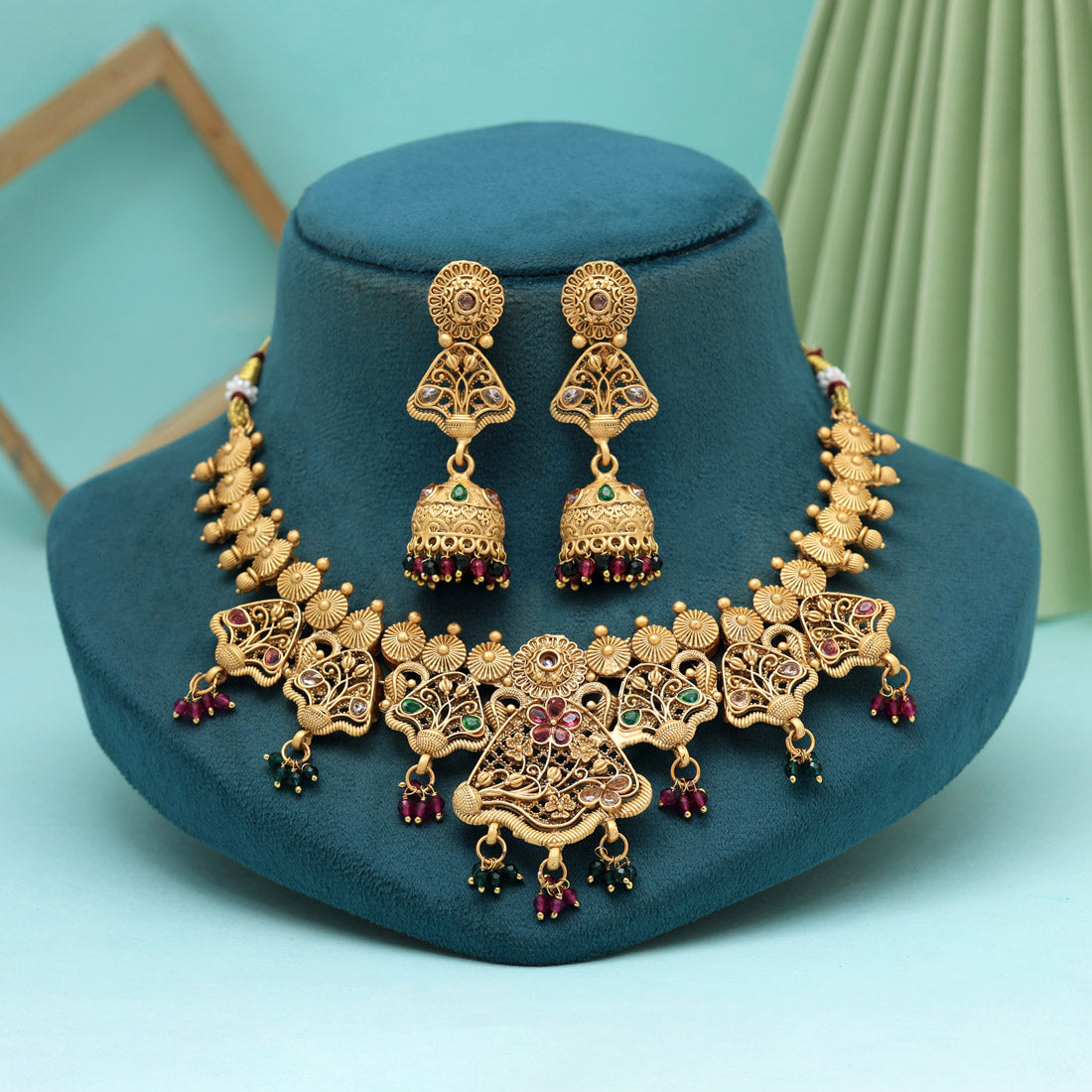 Rani & Green Color Matte Gold Rajwadi Temple Necklace Set (TPLN660RNIGRN) - Preyans.com