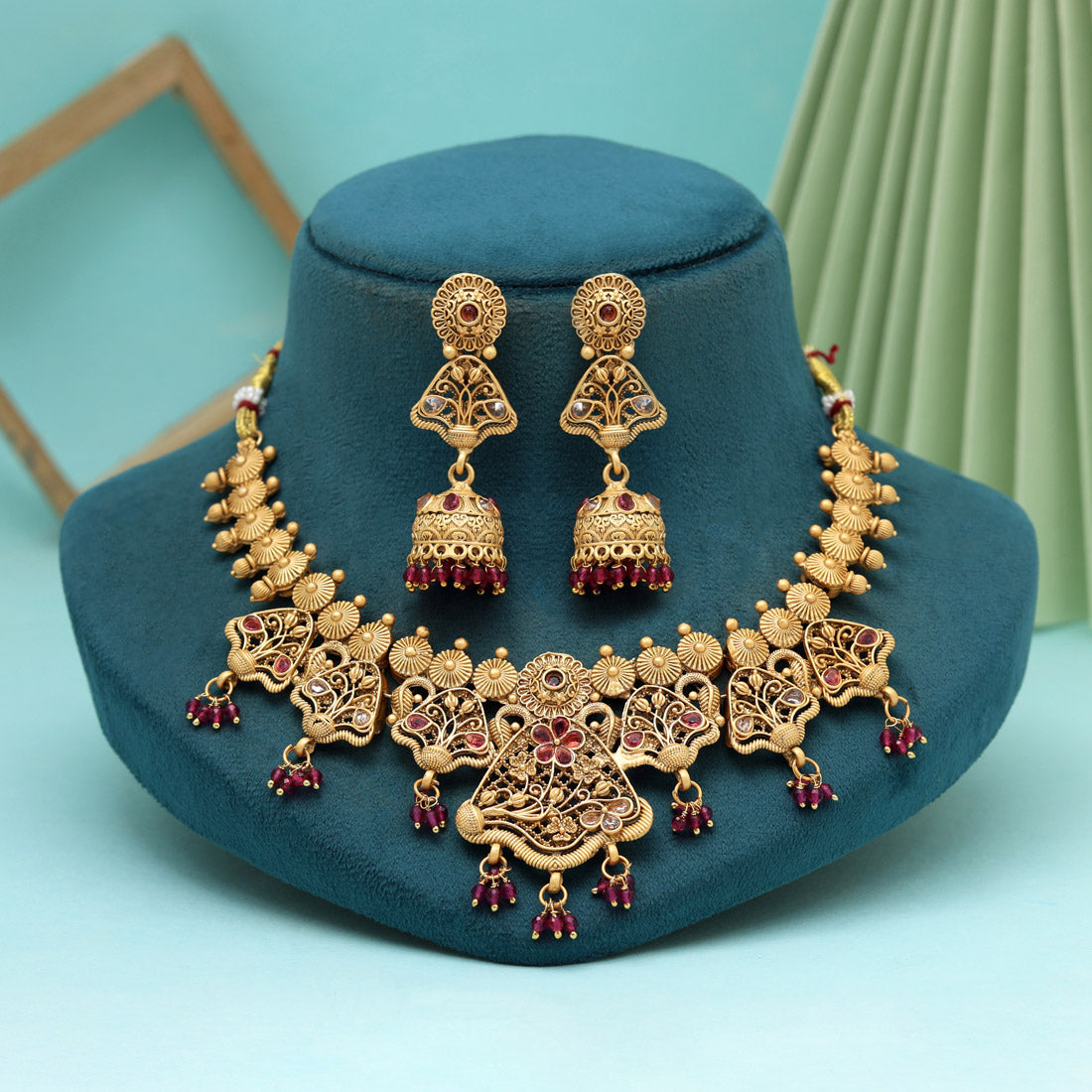 Rani Color Matte Gold Rajwadi Temple Necklace Set (TPLN660RNI) - Preyans.com