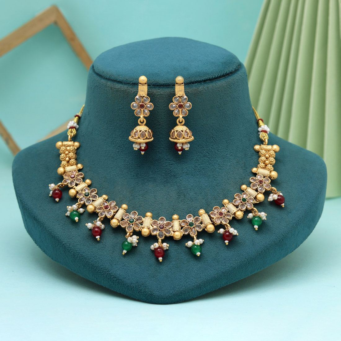 Maroon & Green Color Matte Gold Rajwadi Temple Necklace Set (TPLN661MG) - Preyans.com