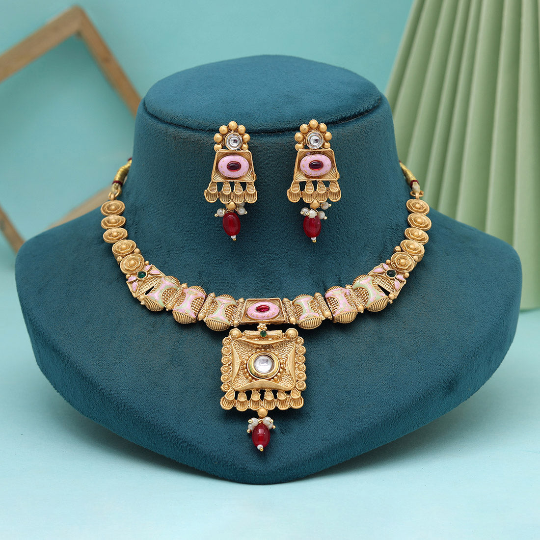 Multi Color Meena Work Matte Gold Rajwadi Temple Necklace Set (TPLN662MLT) - Preyans.com