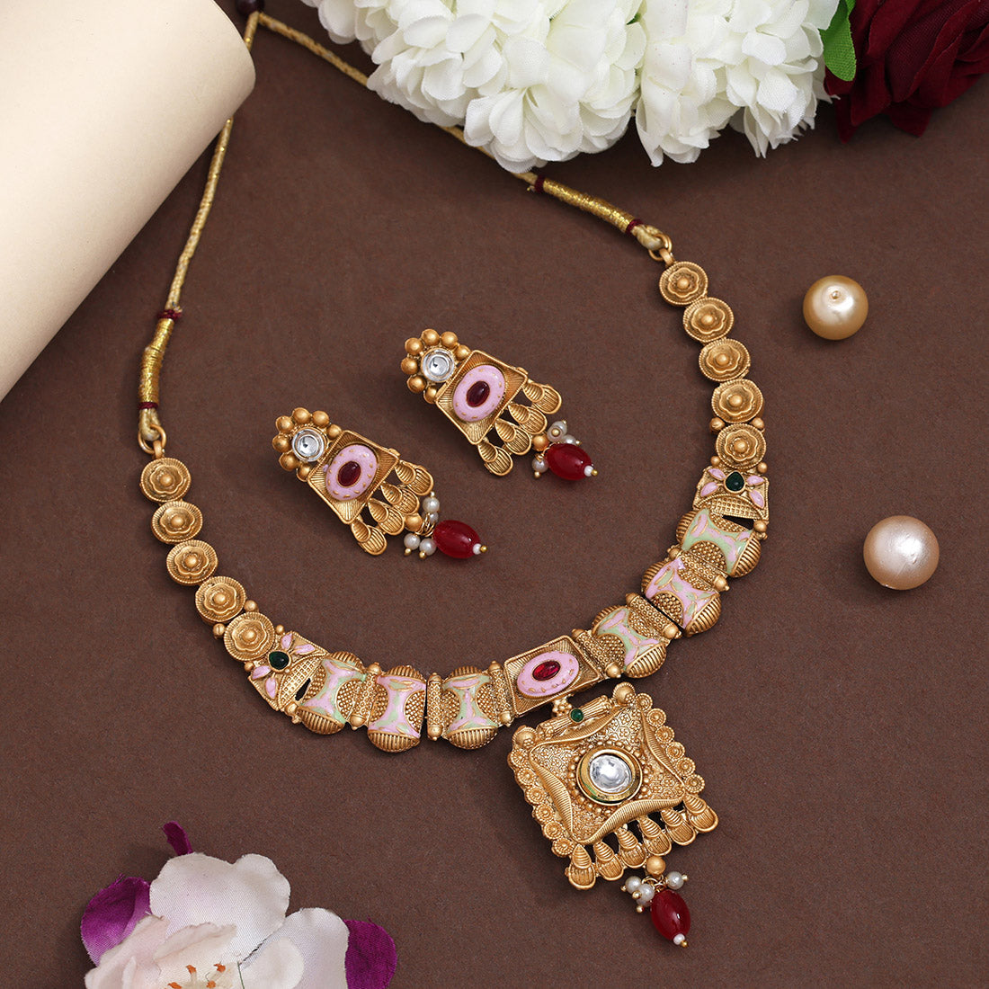 Multi Color Meena Work Matte Gold Rajwadi Temple Necklace Set (TPLN662MLT) - Preyans.com