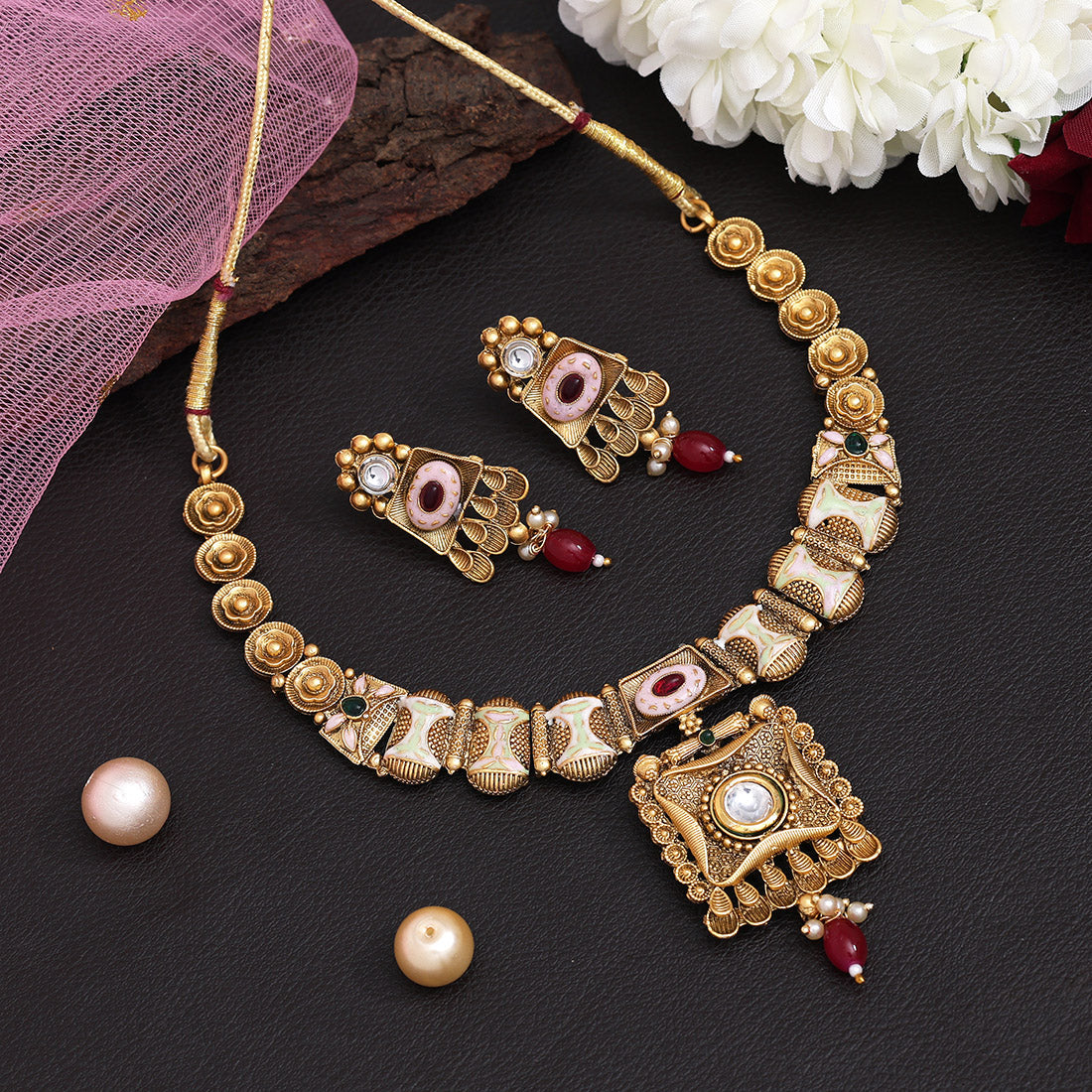 Multi Color Meena Work Matte Gold Rajwadi Temple Necklace Set (TPLN663MLT) - Preyans.com