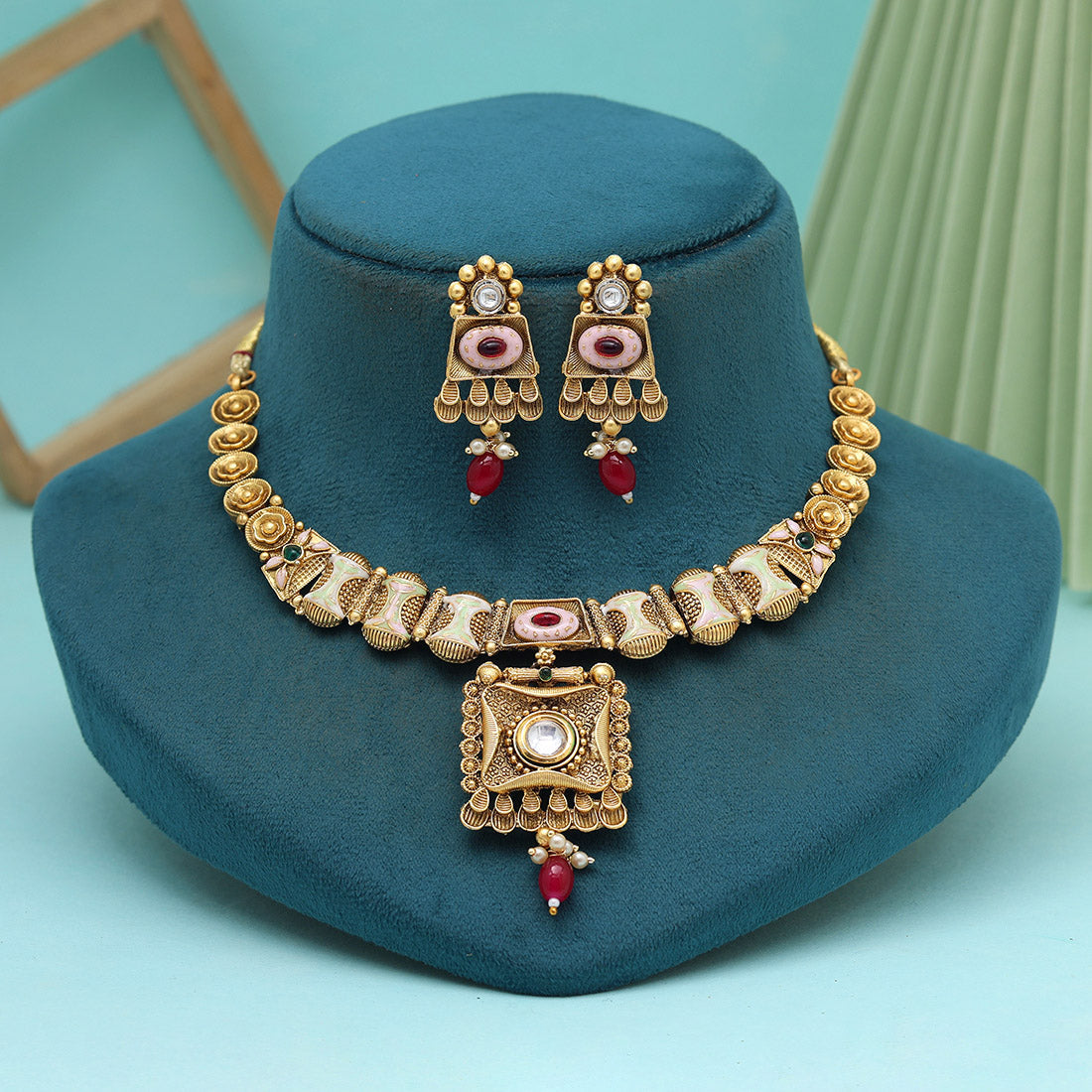 Multi Color Meena Work Matte Gold Rajwadi Temple Necklace Set (TPLN663MLT) - Preyans.com