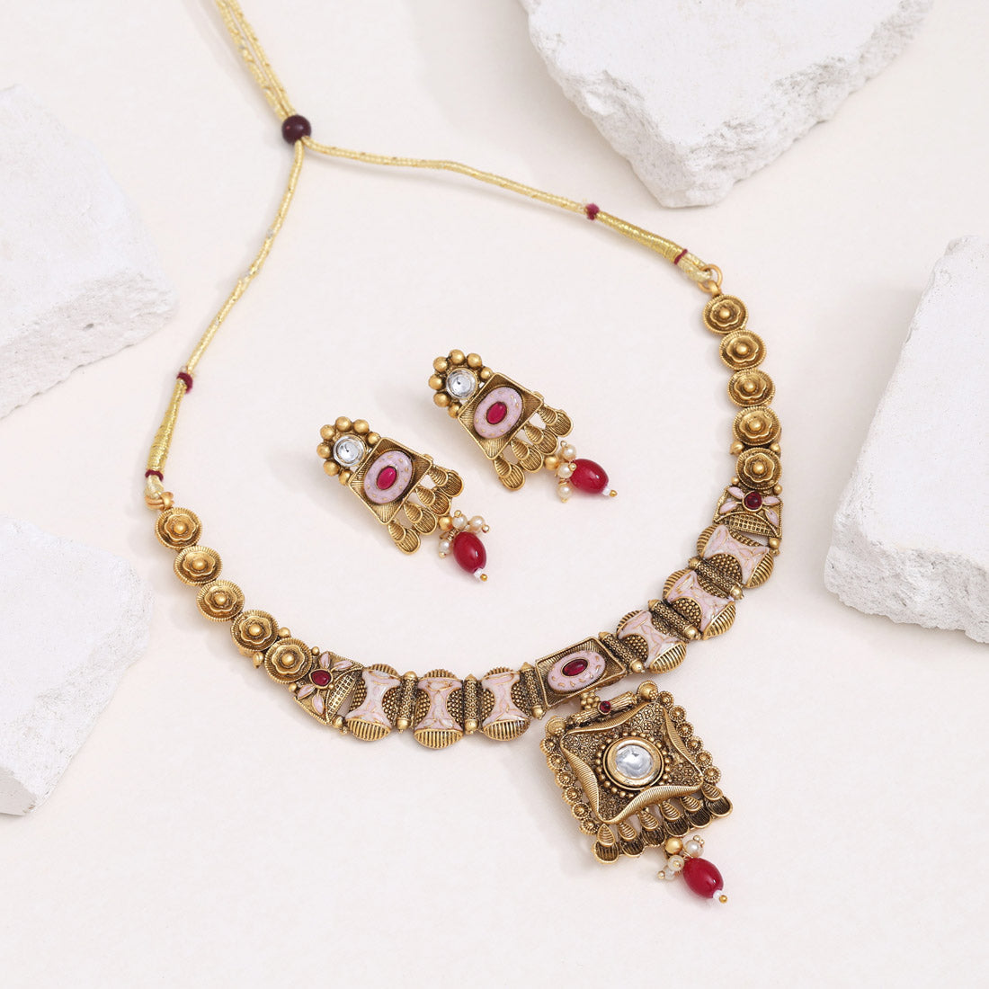 Rani Color Meena Work Matte Gold Rajwadi Temple Necklace Set (TPLN663RNI) - Preyans.com