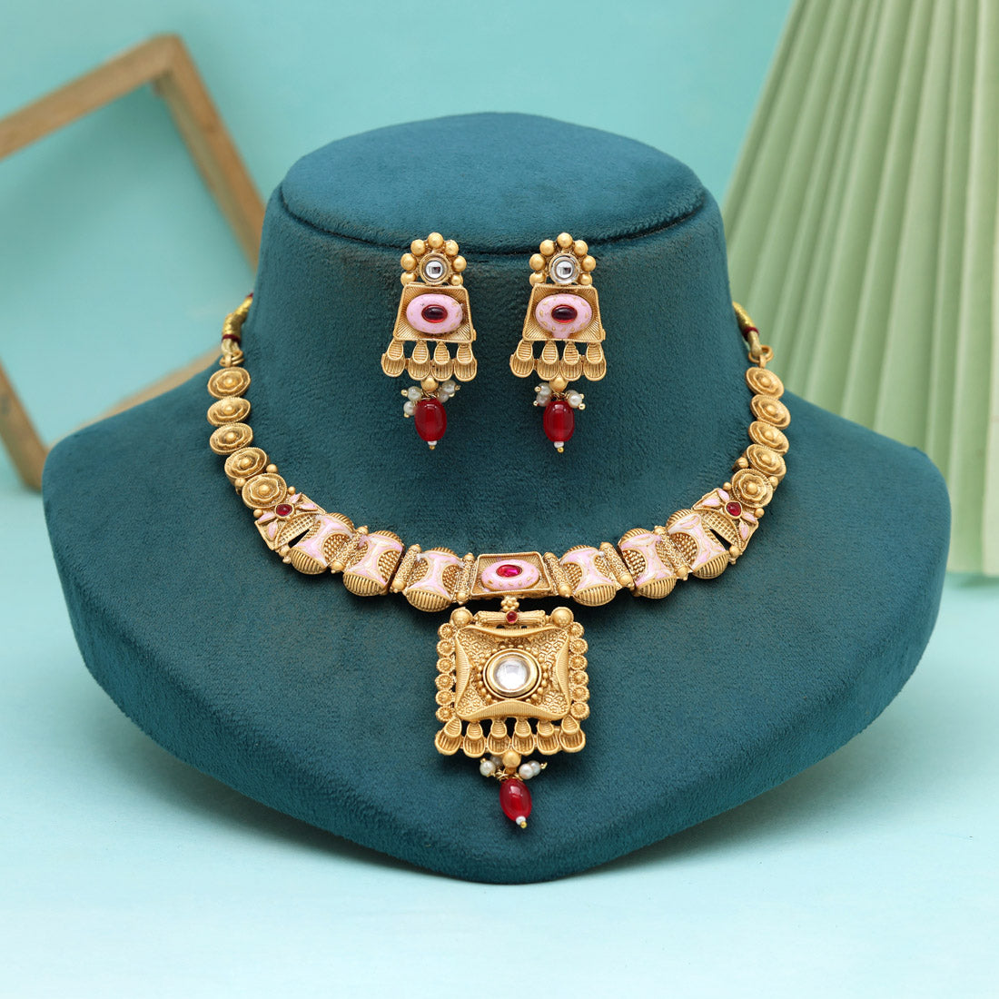 Rani Color Meena Work Matte Gold Rajwadi Temple Necklace Set (TPLN663RNI) - Preyans.com