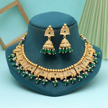 Green Color Matte Gold Rajwadi Temple Necklace Set (TPLN665GRN) - Preyans.com