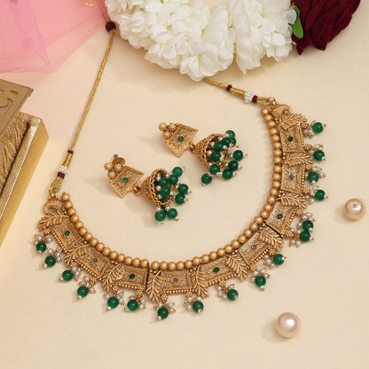 Green Color Matte Gold Rajwadi Temple Necklace Set (TPLN665GRN) - Preyans.com