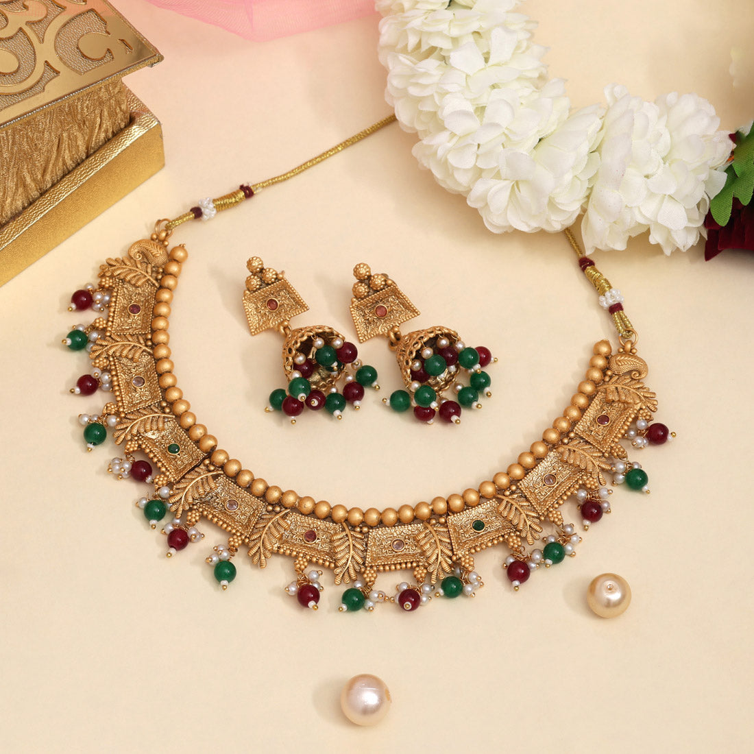 Maroon & Green Color Matte Gold Rajwadi Temple Necklace Set (TPLN665MG) - Preyans.com