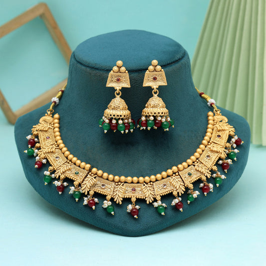 Maroon & Green Color Matte Gold Rajwadi Temple Necklace Set (TPLN665MG) - Preyans.com