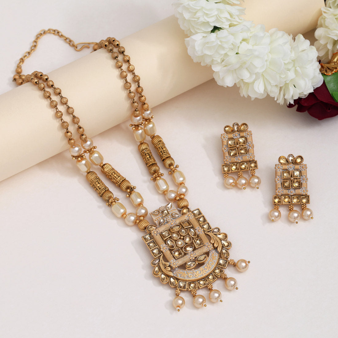 Gold Color Matte Gold Rajwadi Temple Necklace Set (TPLN666GLD) - Preyans.com