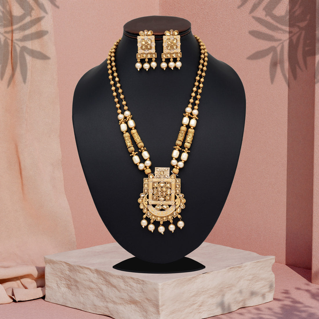 Gold Color Matte Gold Rajwadi Temple Necklace Set (TPLN666GLD) - Preyans.com