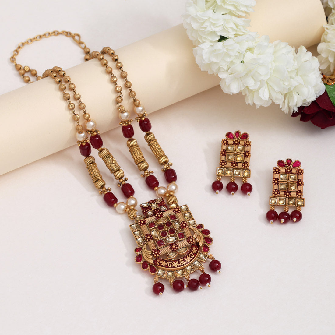 Maroon Color Matte Gold Rajwadi Temple Necklace Set (TPLN666MRN) - Preyans.com