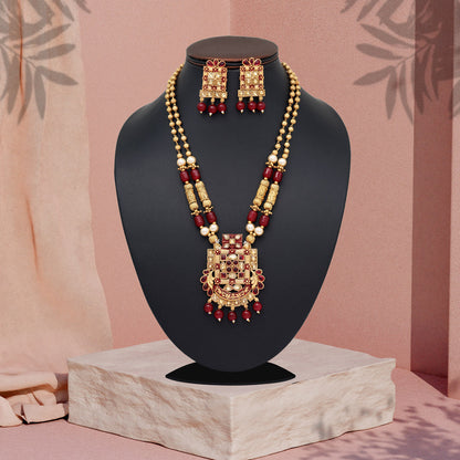 Maroon Color Matte Gold Rajwadi Temple Necklace Set (TPLN666MRN) - Preyans.com