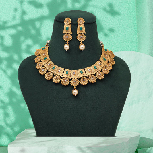 Green Color Matte Gold Rajwadi Temple Necklace Set (TPLN667GRN) - Preyans.com