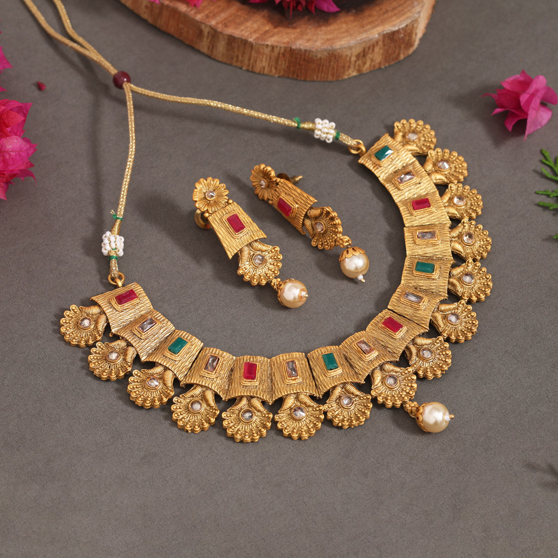 Rani & Green Color Matte Gold Rajwadi Temple Necklace Set (TPLN667RNIGRN) - Preyans.com