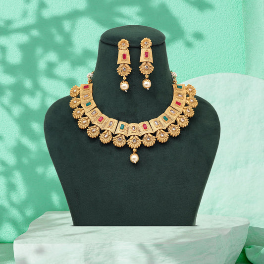 Rani & Green Color Matte Gold Rajwadi Temple Necklace Set (TPLN667RNIGRN) - Preyans.com