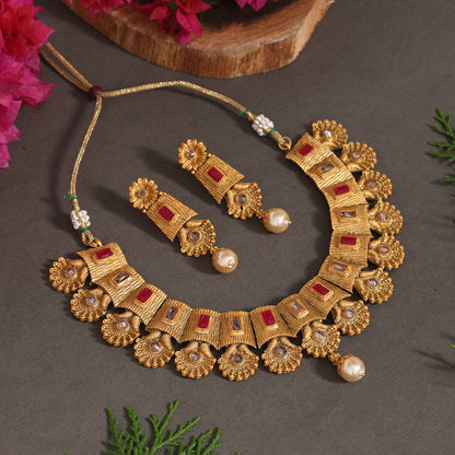 Rani Color Matte Gold Rajwadi Temple Necklace Set (TPLN667RNI) - Preyans.com