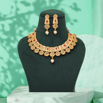 Rani Color Matte Gold Rajwadi Temple Necklace Set (TPLN667RNI) - Preyans.com