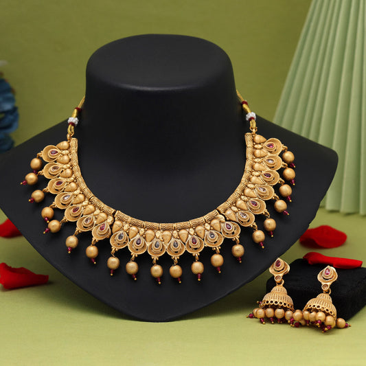 Rani Color Matte Gold Rajwadi Temple Necklace Set (TPLN668RNI) - Preyans.com