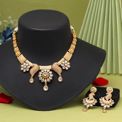 White Color Matte Gold Rajwadi Temple Necklace Set (TPLN669WHT) - Preyans.com