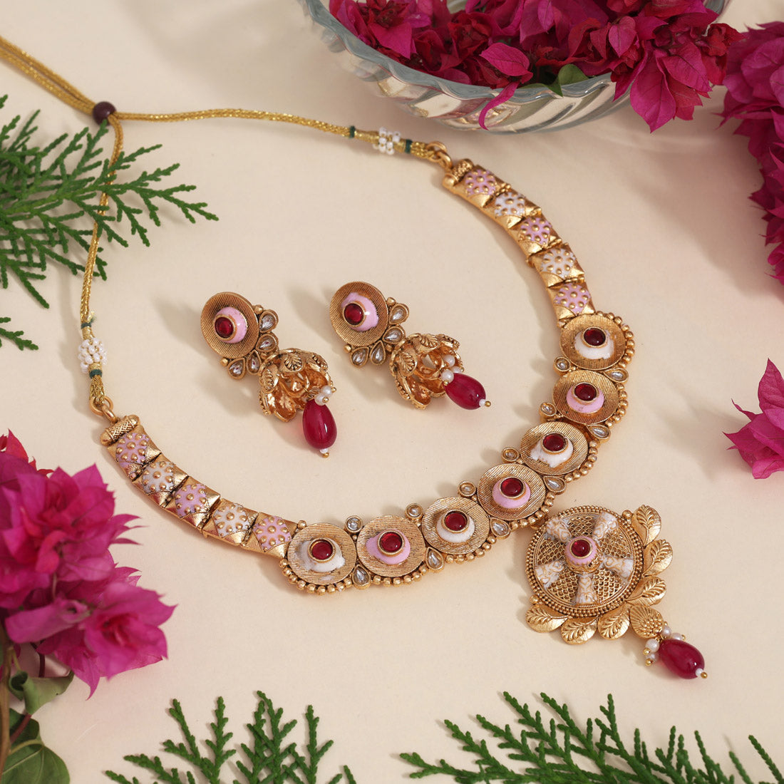 Rani Color Meena Work Matte Gold Rajwadi Temple Necklace Set (TPLN671RNI) - Preyans.com