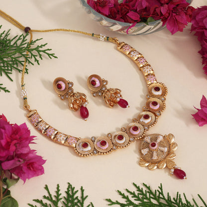 Rani Color Meena Work Matte Gold Rajwadi Temple Necklace Set (TPLN671RNI) - Preyans.com