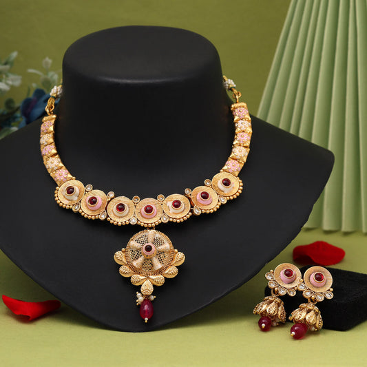 Rani Color Meena Work Matte Gold Rajwadi Temple Necklace Set (TPLN671RNI) - Preyans.com