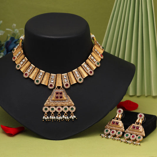 Rani & Green Color Matte Gold Rajwadi Temple Necklace Set (TPLN672RNIGRN) - Preyans.com