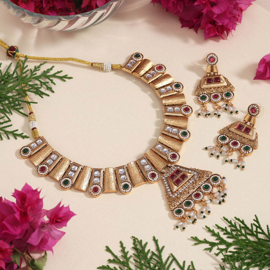 Rani & Green Color Matte Gold Rajwadi Temple Necklace Set (TPLN672RNIGRN) - Preyans.com