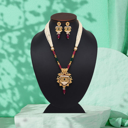 Rani & Green Color Meena Work Matte Gold Rajwadi Temple Necklace Set (TPLN674RNIGRN) - Preyans.com