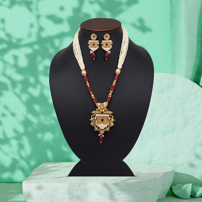 Rani Color Meena Work Matte Gold Rajwadi Temple Necklace Set (TPLN674RNI) - Preyans.com