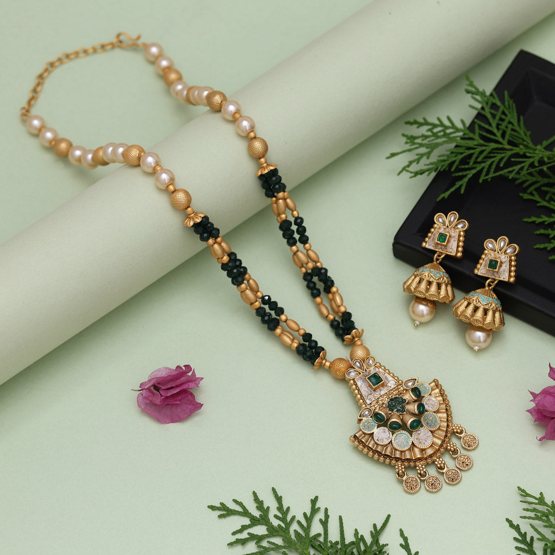 Green Color Meena Work Matte Gold Rajwadi Temple Necklace Set (TPLN675GRN) - Preyans.com