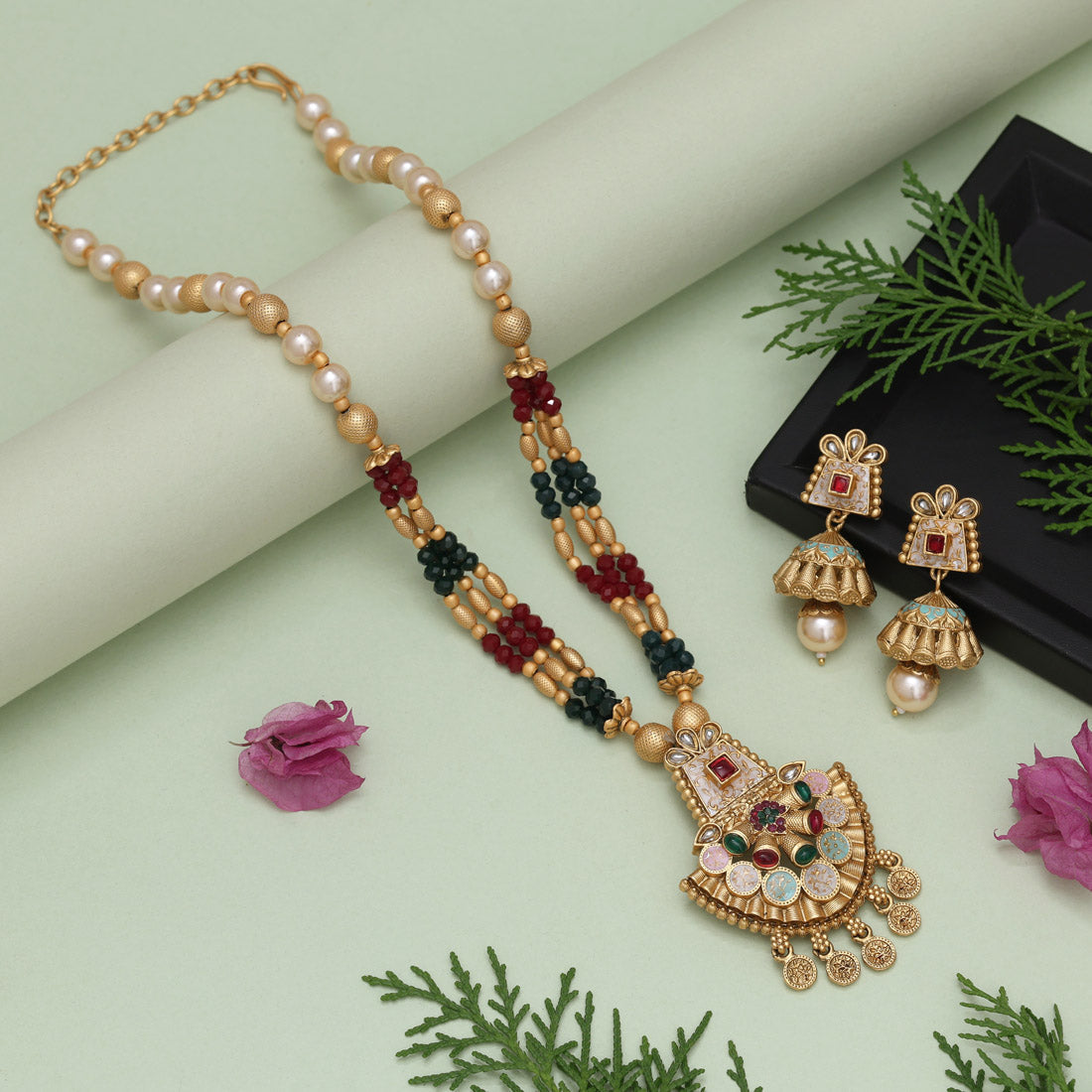 Maroon & Green Color Meena Work Matte Gold Rajwadi Temple Necklace Set (TPLN675MG) - Preyans.com