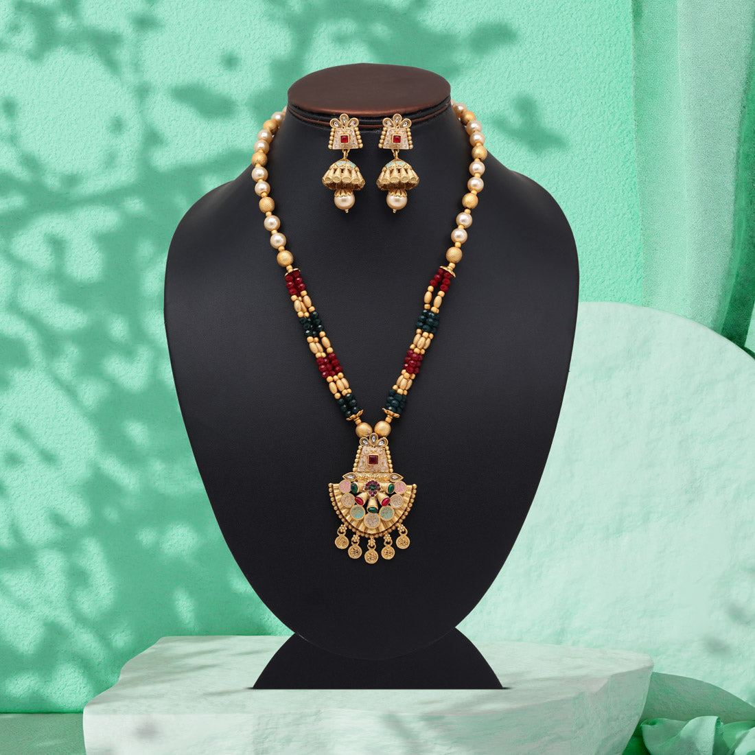 Maroon & Green Color Meena Work Matte Gold Rajwadi Temple Necklace Set (TPLN675MG) - Preyans.com