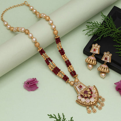 Maroon Color Meena Work Matte Gold Rajwadi Temple Necklace Set (TPLN675MRN) - Preyans.com