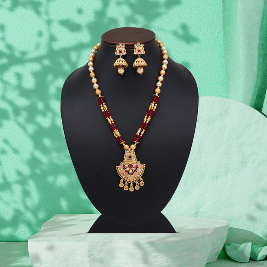 Maroon Color Meena Work Matte Gold Rajwadi Temple Necklace Set (TPLN675MRN) - Preyans.com