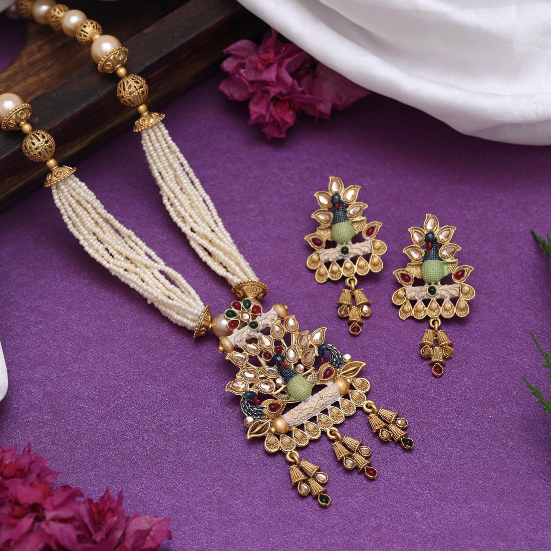 Multi Color Matte Gold Rajwadi Temple Necklace Set (TPLN676MLT) - Preyans.com