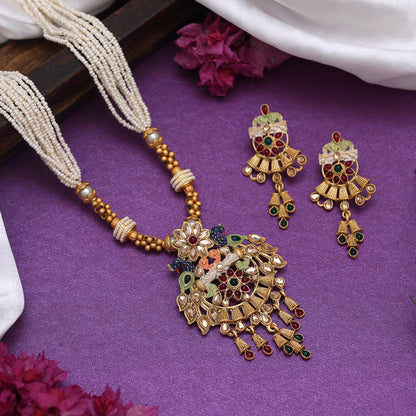 Multi Color Matte Gold Rajwadi Temple Necklace Set (TPLN677MLT) - Preyans.com